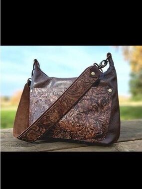 Hand-Tooled Leather Shoulder Bag in Brown